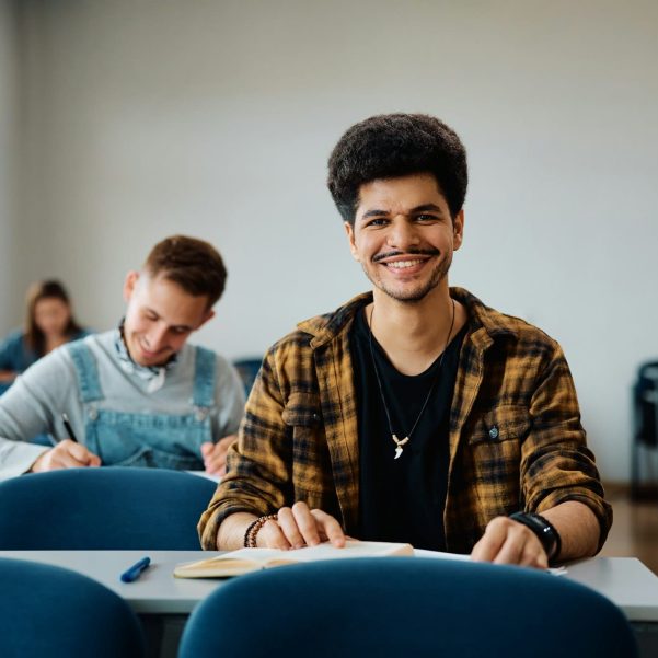 Happy Muslim student in university classroom looking at camera.